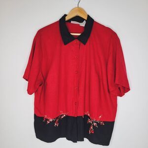 Vintage STUDIO EASE Red Linen Blend Top Size 20W Embroidered Colorblock Boxy